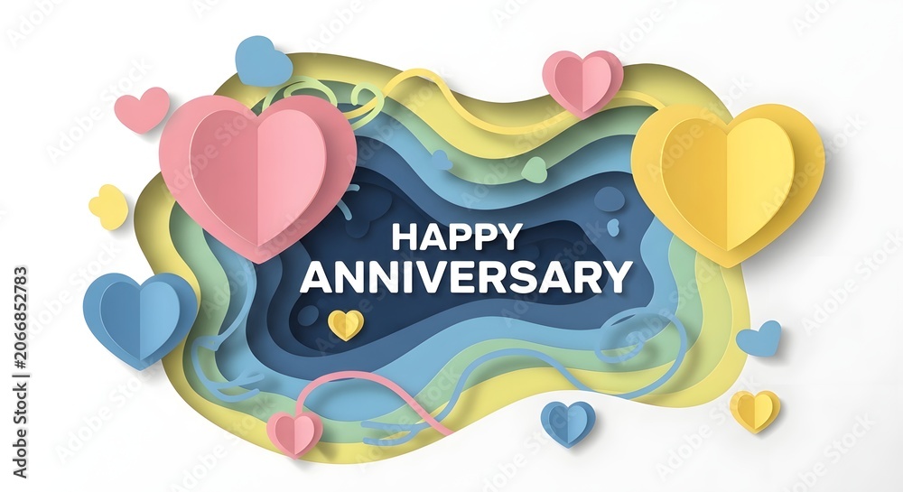 Naklejka premium Beautiful Paper Cutout Style Design Featuring Happy Anniversary Text Surrounded by Colorful Hearts and Shapes