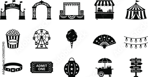 Fotografie Usa freedom festival silhouette icons set black and white carnival and fair grap