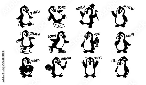 Obraz na plátně Retro Cartoon Funny Penguin Characters Collection with Vintage Comic Bird Vector