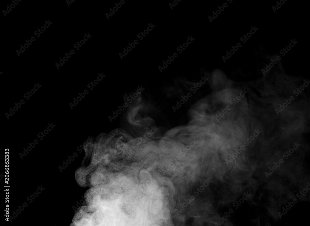 Obraz premium White smoke or fog isolated on black background for design elements, abstract texture, vapor effect, and atmospheric background for creative or cinematic use