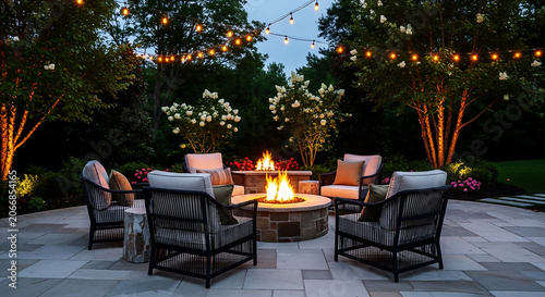 An image of a beautiful outdoor seating area, with several luxurious chairs arranged around a fire pit