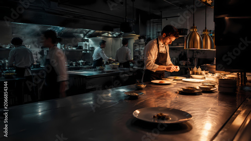 Professional restaurant kitchen, chef plates, dishes beneath glowing heat lamps amid rising steam in a busy professional restaurant kitchen during dinner service