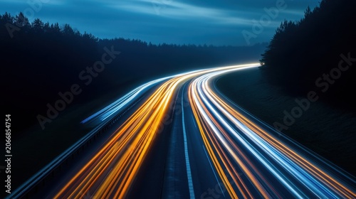 Highway traffic moves swiftly through the dark landscape creating long exposure light streaks at night.