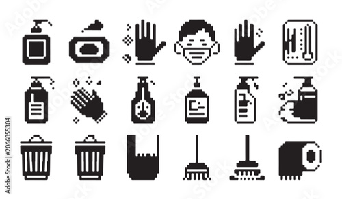 Cuadro en lienzo Pixelated hygiene and cleaning icons for personal care and sanitation services