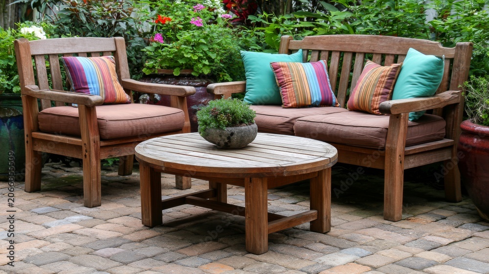 Obraz premium Cozy and Inviting Patio Furniture with Colorful Cushions for Outdoor Relaxation and Restoration