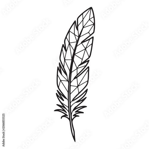 A hand drawn artistic decorative feather illustration featuring geometric patterns and clean black outlines isolated on a solid white background