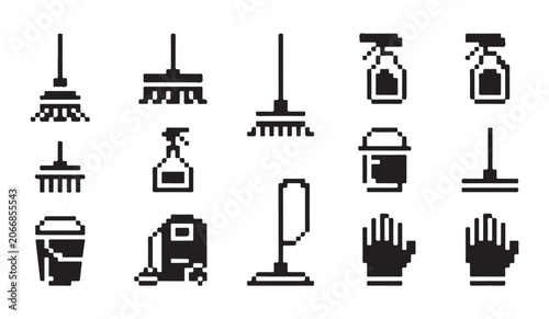 Fotografía Cleaning and household items pixel art icons, domestic hygiene and waste disposal set