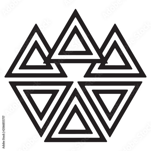 A minimalistic abstract geometric pattern consisting of multiple interconnected triangle outlines arranged in a symmetrical hexagonal formation on a clean white background