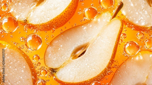 Fresh pear slices in golden juice with sparkling carbonated bubbles background