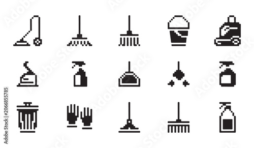 Photos Sanitization and floor care icons collection with vacuum cleaners and chemical spray bottles