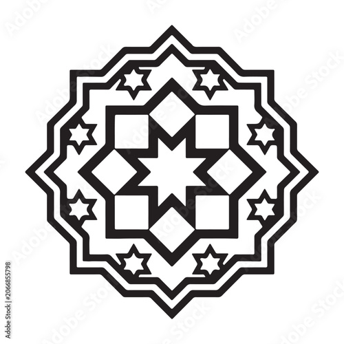Isolated geometric ornament featuring an intricate islamic inspired pattern with star and square shapes combined into a symmetrical decorative mandala design