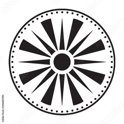 Isolated black and white circular design element featuring a radial starburst pattern with a dotted border perfect for geometric graphic illustrations