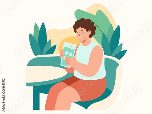 Happy Young Man Drinking Fresh Juice Vector Illustration, Healthy Lifestyle and Hydration Concept, Flat Modern Character Design with Tropical Leaves, Wellness, Nutrition and Refreshment Theme