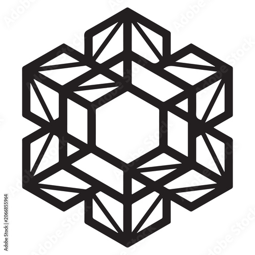 Isolated geometric pattern featuring a complex hexagonal structure with intricate triangular lines creating a threedimensional cube effect for modern graphic design