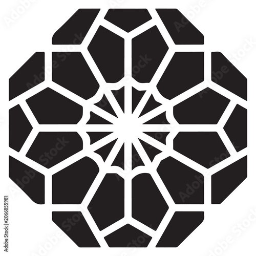 A symmetrical geometric floral mandala pattern with interconnected polygons arranged in a circular radial design suitable for decorative art and prints