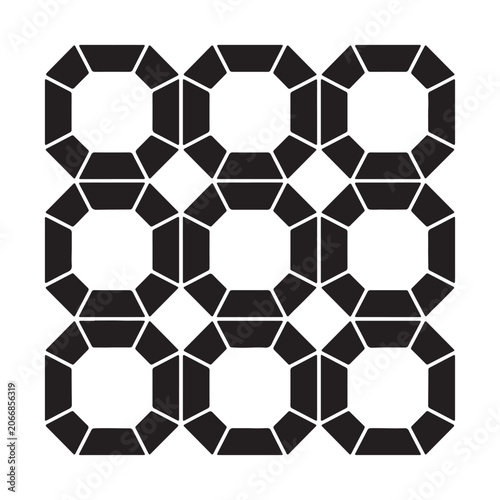 Seamless geometric pattern featuring repeating octagonal shapes arranged in a symmetric grid creating a modern industrial style ornamental decorative design element