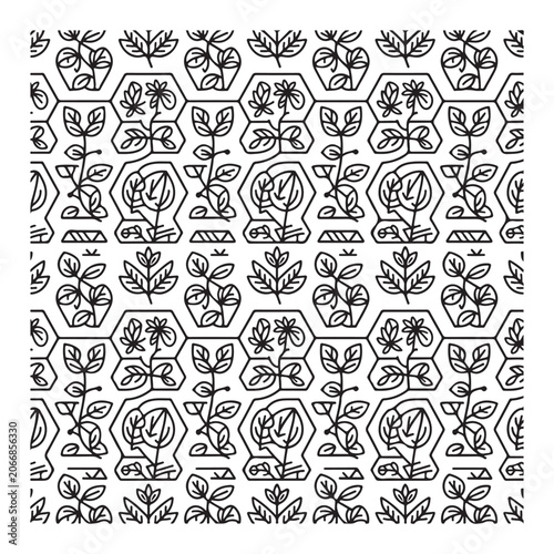 Seamless botanical pattern with stylized black and white line art featuring small floral motifs and organic leaf shapes for decorative textile design