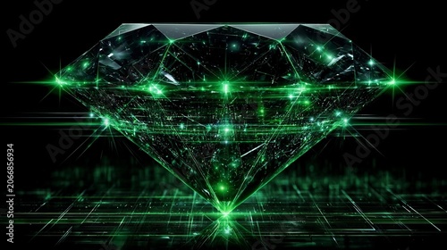Glowing Green Gemstone on Black Background.