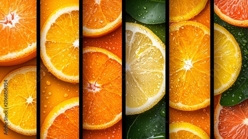 Vibrant citrus fruit slices collage with water drops on vertical panels background