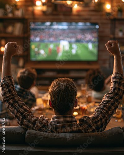 Man with raised arms celebrates as he watches a soccer match on TV with friends in a cozy, warmly lit living room.