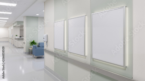 Mounted along a well-lit modern hospital corridor, empty directional signage panels offer a pristine canvas for wayfinding systems. Their sleek minimalist design features smooth white surfaces affixed