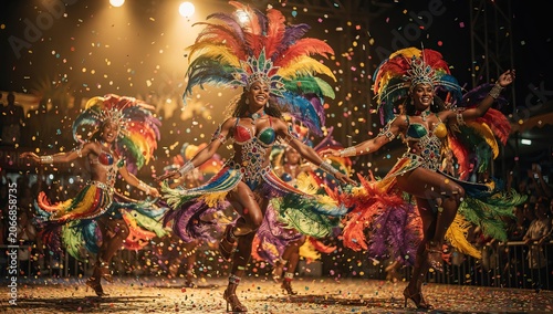 Vibrant Carnival Dancers Performing on Stage with Colorful Costumes and Confetti.