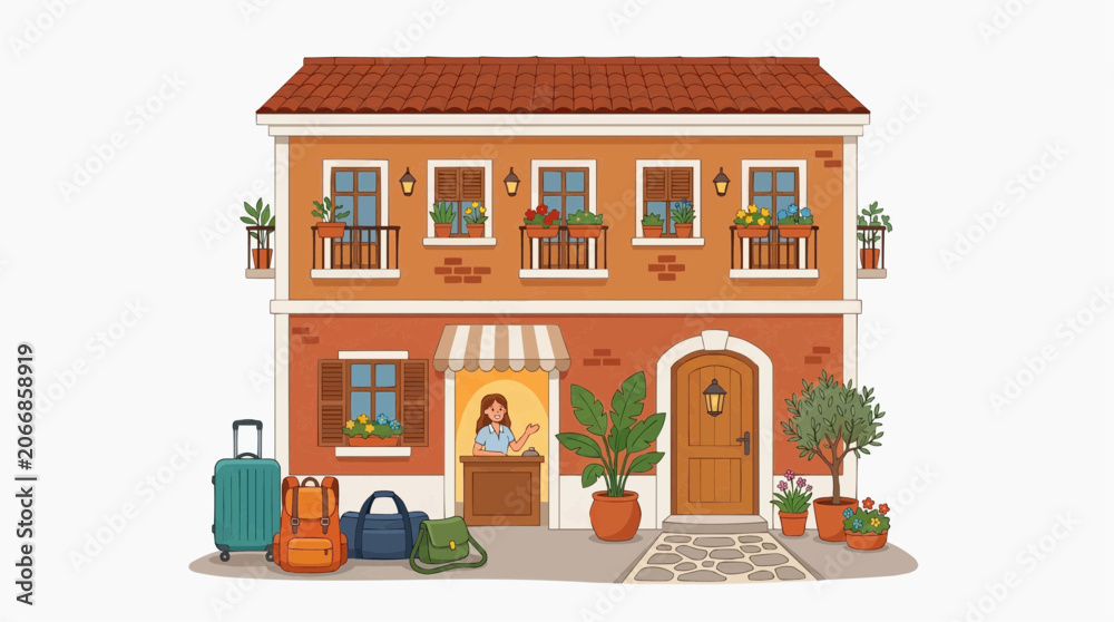 Obraz premium Charming illustration of a small hotel or guesthouse with luggage and a friendly receptionist in white background.