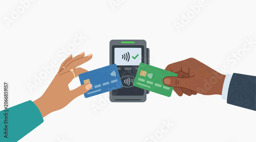 Contactless Payment Transaction with Credit Cards and POS Terminal in white background.