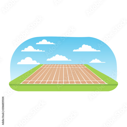 Cartoon cricket pitch with sky and clouds