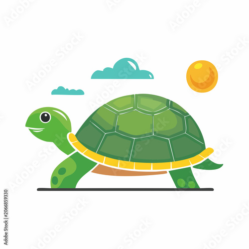 Cartoon Turtle Walking Under Sun and Clouds