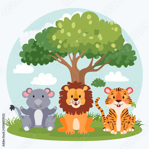 Cute cartoon lion, tiger, and koala under a tree