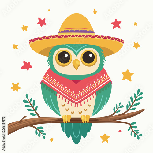 Cute Owl Wearing a Sombrero and Poncho