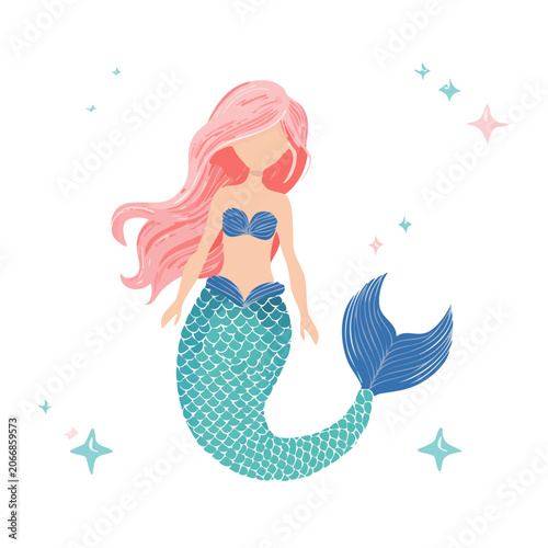 Cute mermaid with pink hair and teal tail