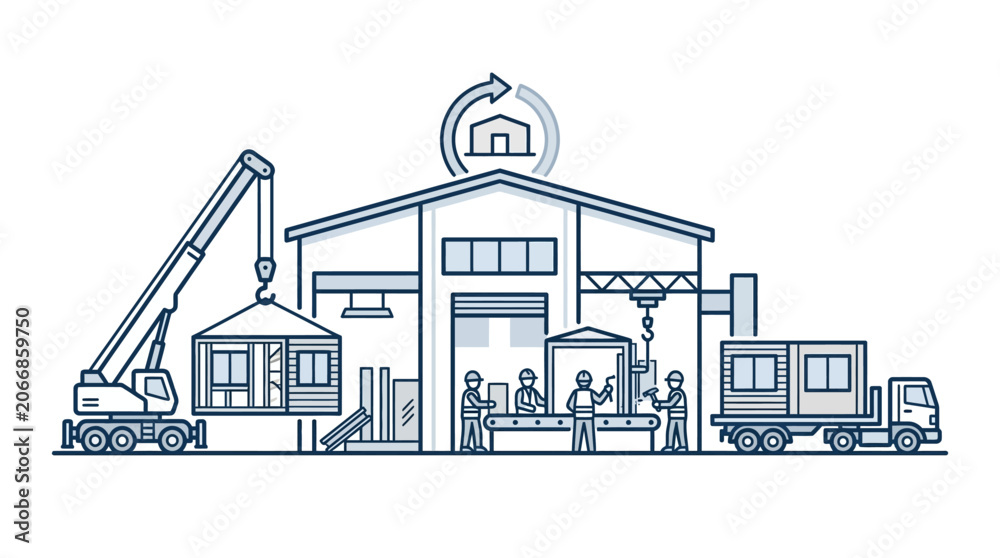 Fototapeta premium Prefabricated building production factory with crane and truck, assembly line