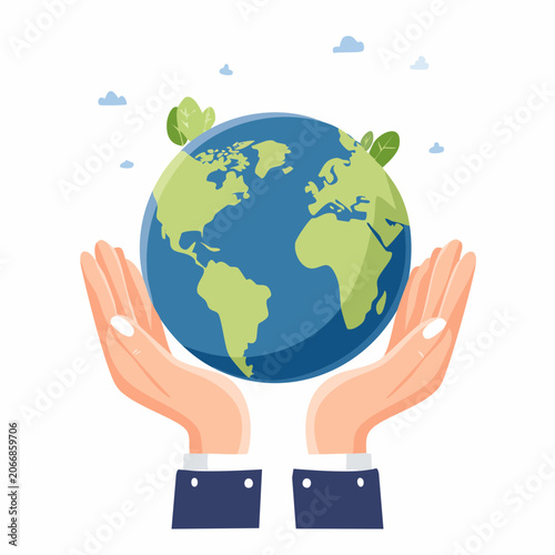 Hands Holding Planet Earth with Green Leaves and Clouds