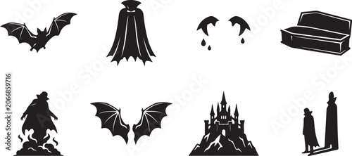 Halloween icons, black silhouette symbols, spooky graphics, 8 vector graphics