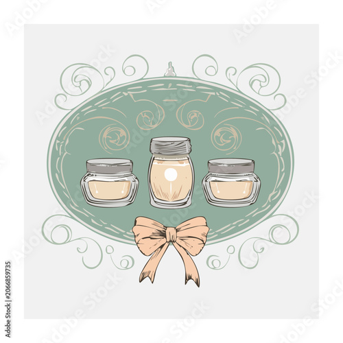 Illustration of cosmetic jars with decorative frame and bow