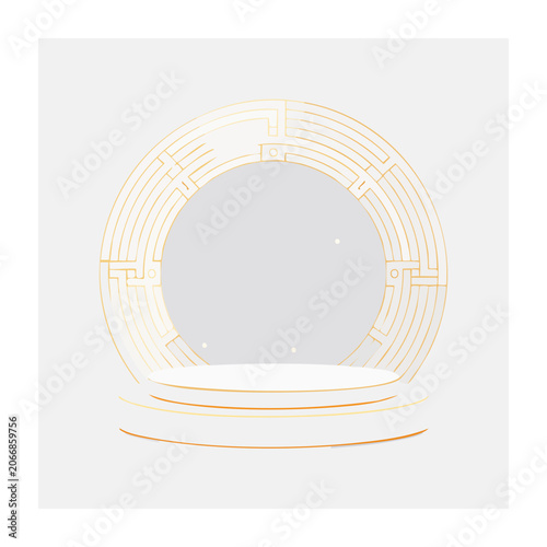 Modern stage podium with circular gold frame and maze pattern