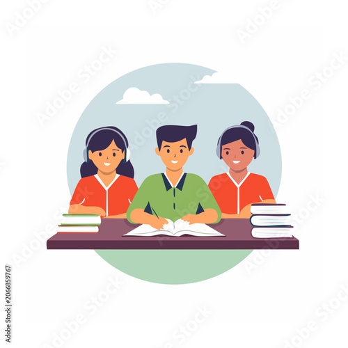 Students studying together with books and headphones