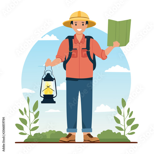 Traveler with lantern and map in nature