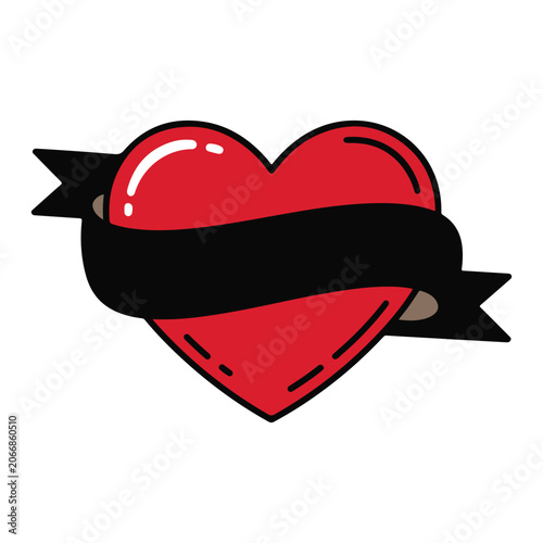 Classic Old School Tattoo Style Red Heart With Empty Black Ribbon