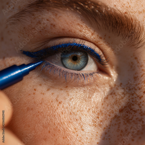 close up of female applying blue eyeliner 