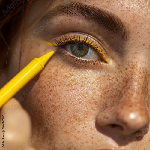  close up of female eyeliner yellow