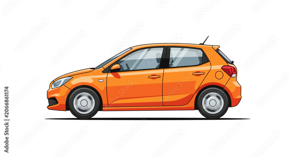 Fototapeta premium Orange Compact Hatchback Car Isolated on White Background, Side View