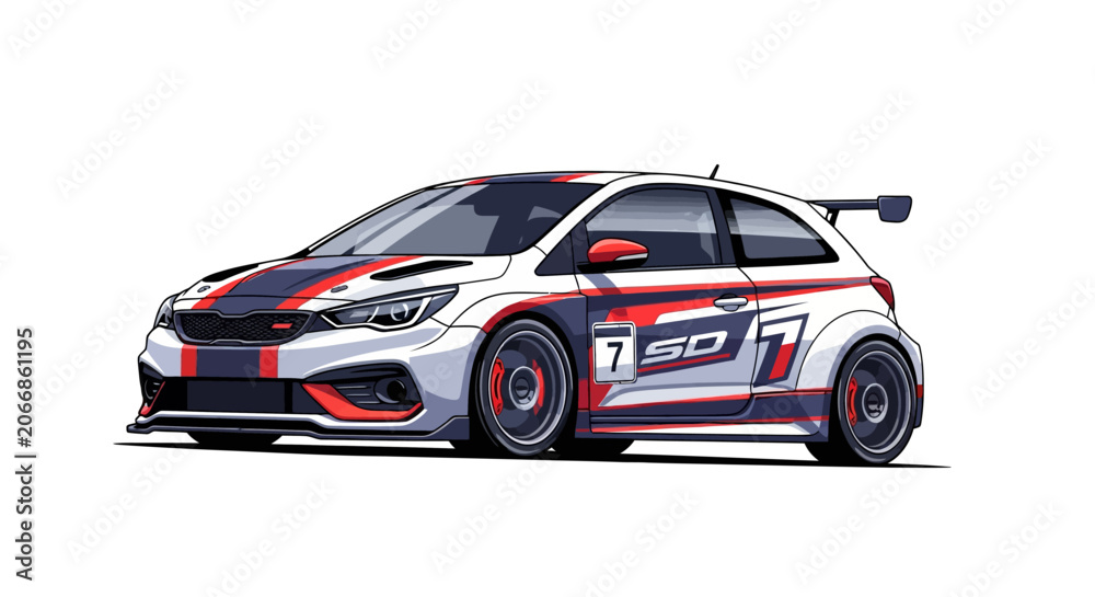 Naklejka premium Pixel Art Racing Car - White Sporty Hatchback with Spoiler and Stripes