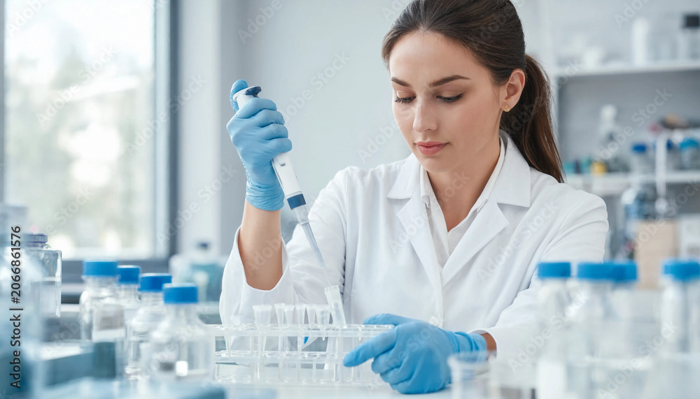 Fototapeta premium Female scientist working in a laboratory with various equipment and test tubes