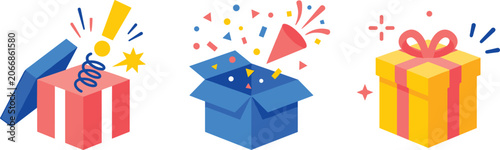 Tableau sur toile Surprise Gift Box and Celebration Icon Set with Jack in the Box Exclamation, Ope