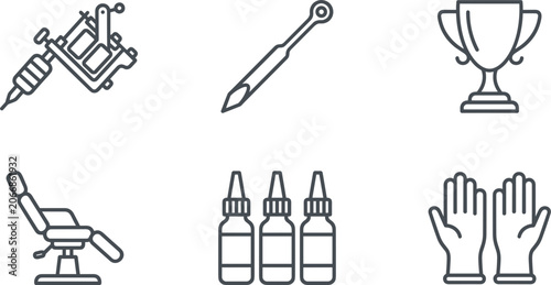 Canvastavla Tattoo Studio and Body Art Line Icon Set with Tattoo Machine Gun, Needle, Ink Bo