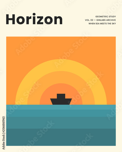 Sunset hues meet calm ocean waves. Silhouetted boat rests beneath glowing rings. Minimalist design evokes serene reflection. Perfect for tranquil mood or travel themes.