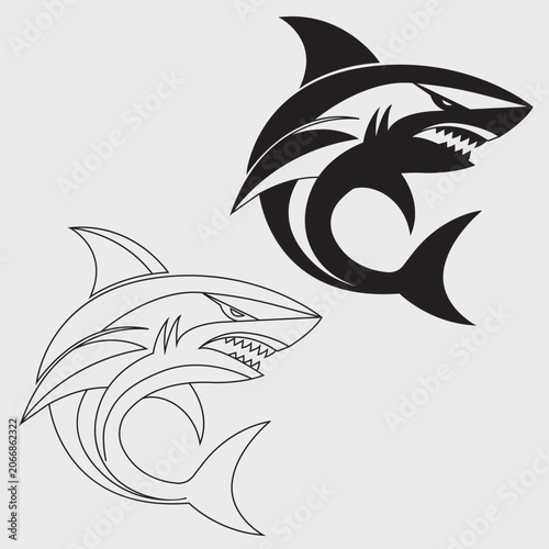 Aggressive Shark Logo Design Bold Black and White Tribal Shark Vector Illustration